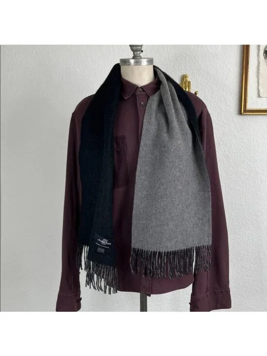 Andrew Noble Pure Cashmere Reversible Gray Black Fringe Scarf
