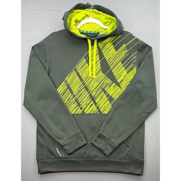 Nike Therma-FIT Fleece Hoodie Olive Green Volt Graphic Pullover | Men's Medium