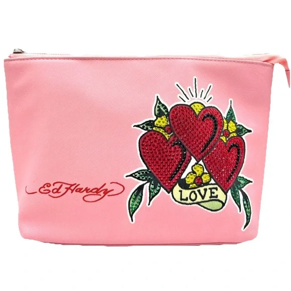 ED‎ HARDY Makeup Bag PVC Toiletry Case Zip Rhinestone Heart Tattoo Love Pink NWT