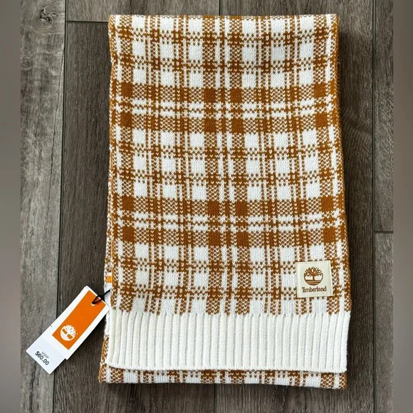 NWT Timberland Tan Buffalo Plaid Scarf 64x10 Adult Size Brown Check Winter Warm