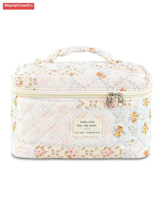 Large Quilted Floral Makeup Bag Cosmetic Organizer Puffy Travel Toiletry Pouch