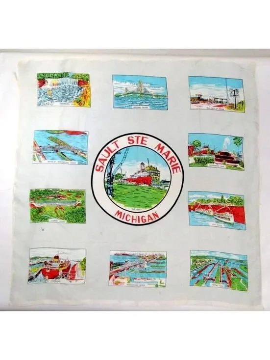 Vintage 1960s MICHIGAN SCARF SAULT STE. MARIE Souvenir Boat Ferry LARGE SIZE 28
