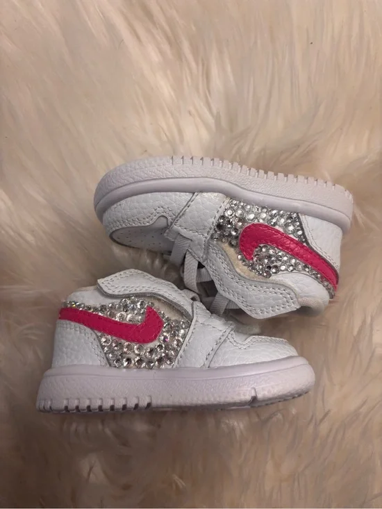Jordan White Kids Sneakers with Pink Swoosh and Rhinestones
