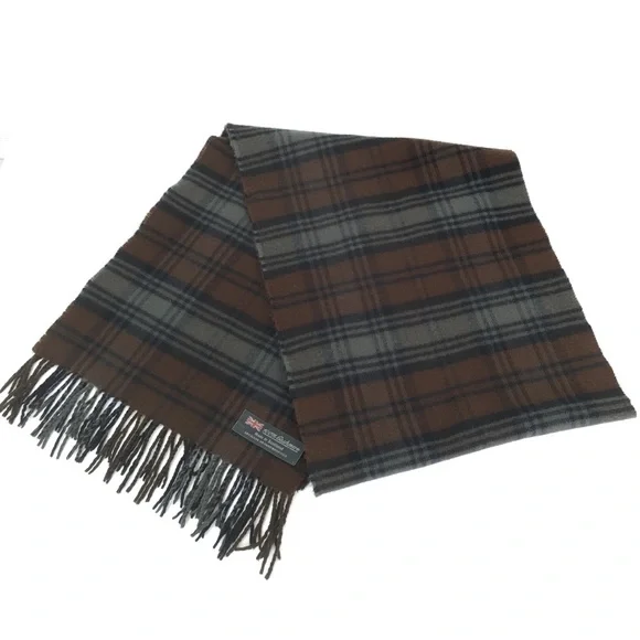 100% Cashmere Made in Scotland Chocolate Brown Latte Plaid Fringe Scarf Unisex