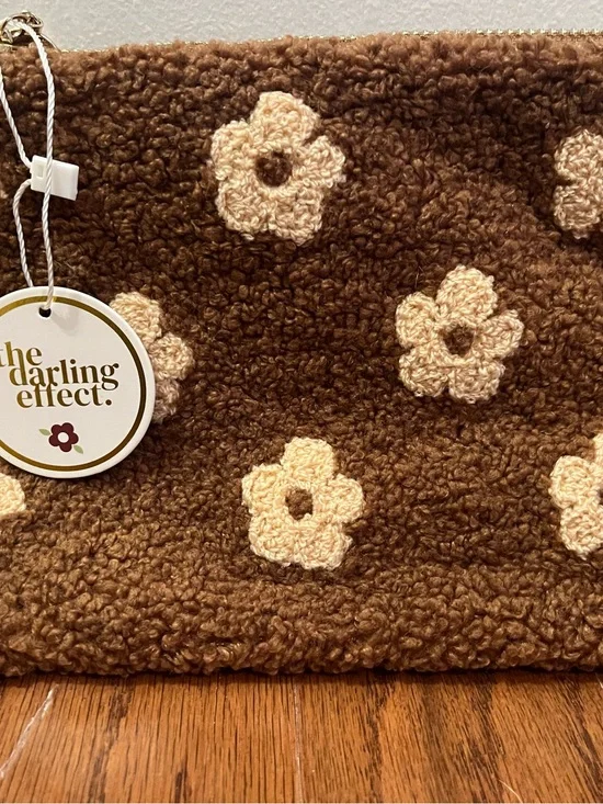 Chicwish Brown Faux Sherpa Pouch with Cream Flower Applique