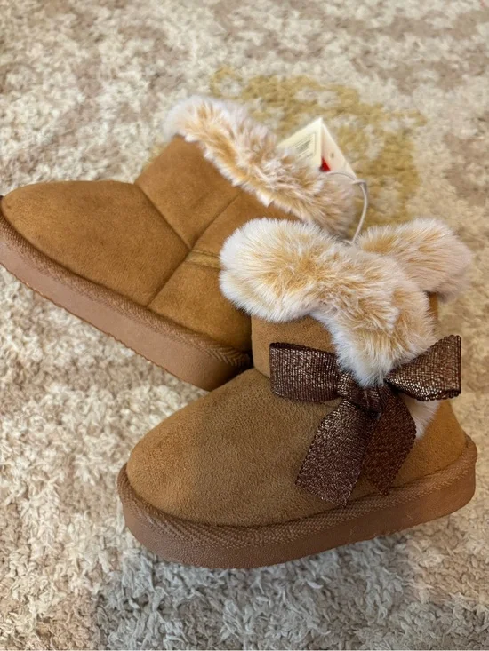 Toddler Faux Fur Trim Brown Bow Winter Booties