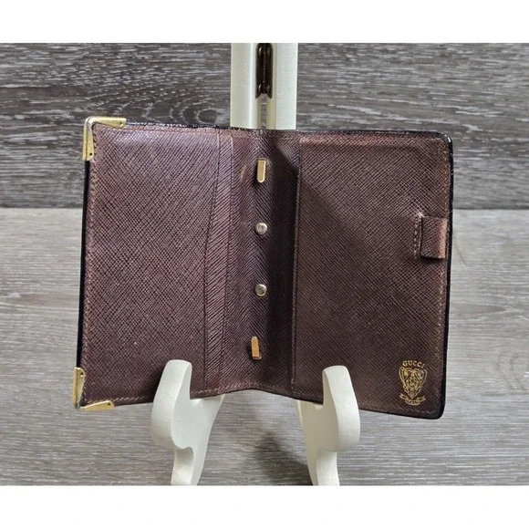 Vtg Gucci Men's Saffiano Leather Folding Card Holder Wallet Brown Gold Corner