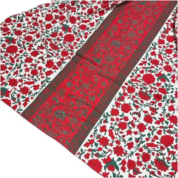 Vintage Vera Neumann Red Green Christmas Floral Linen Tablecloth 70s 64x84