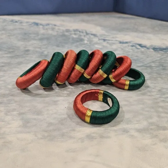Set of 9 Napkin Rings‎ Red Green Gold Wrapped Made in India Holiday Table Decor
