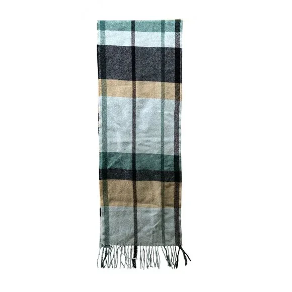 Italian Woolen Treasures 100% Wool Scarf‎ Light Blue Fringe Rectangle Mens Plaid