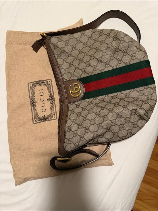 Gucci Brown GG Canvas Messenger Bag with Green-Red Web