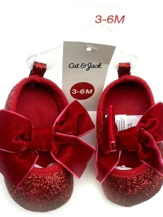 Cat & Jack Baby Girls Shoes Size 3/6m Red Glitter Velvet Bow