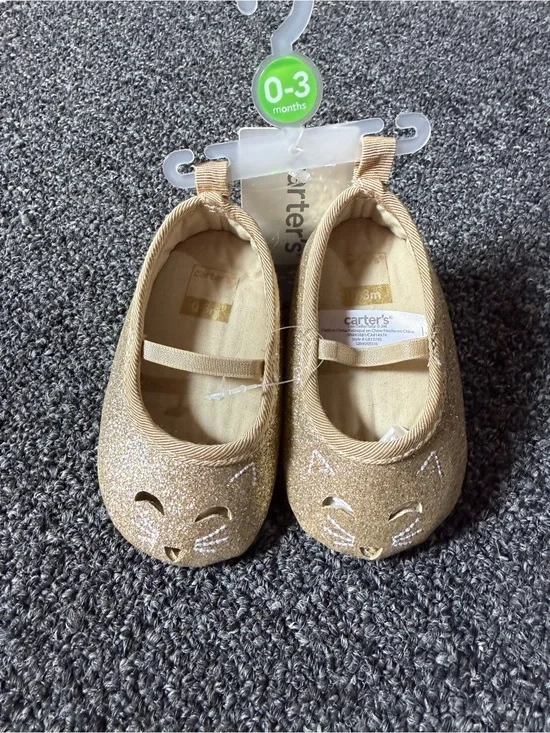 Carter's Gold Glitter Cat Face Mary Jane Baby Shoes 0-3m