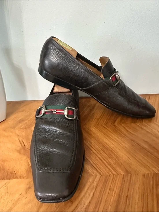 Gucci Brown Leather Horsebit Web Stripe Loafers SZ 11 US Classic Luxury Designer