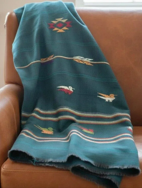 Guatemalan Teal Green Woven Tablecloth Quetzal Birds Colorful Stripes Southwest