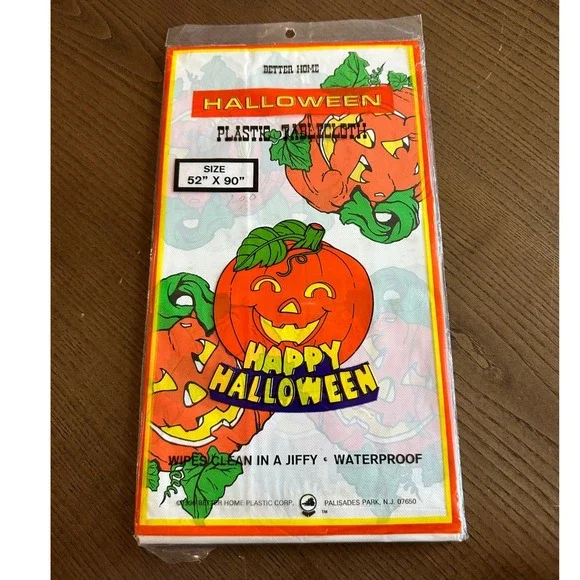 Vtg 1996 Better Home Halloween Plastic Tablecloth Jack-O-Lantern Pumpkin 52x90
