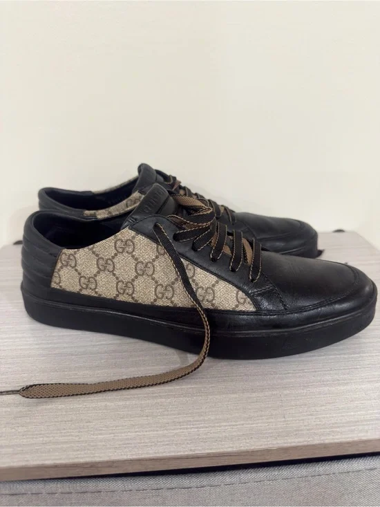 Gucci GG Supreme Black Tan Low Top Sneakers Monogram Trainers Size 9