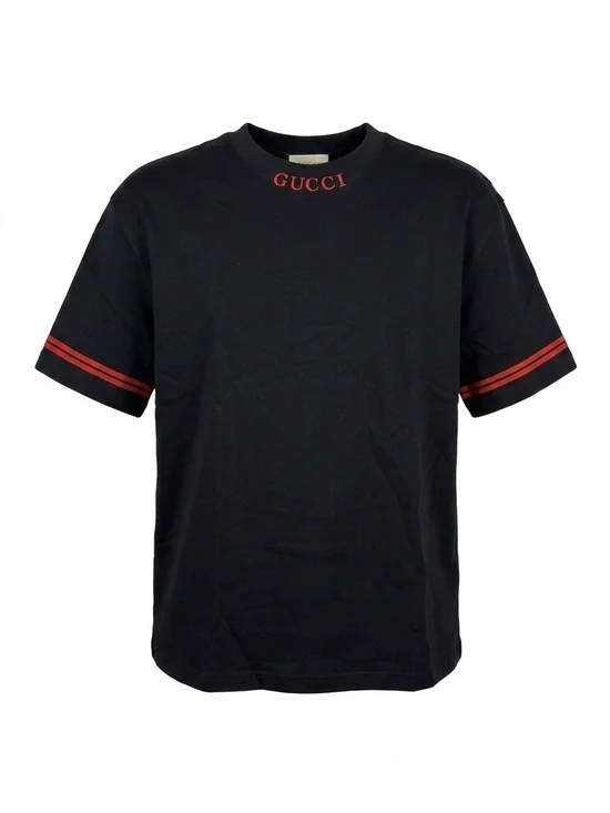Gucci Black Short-Sleeve Tee with Red Velvet stripes
