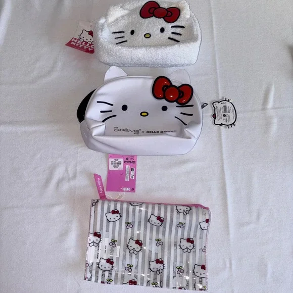 Hello Kitty Cosmetic Bag Set White New 3-Piece Sherpa Faux-Leather Clear Pouch