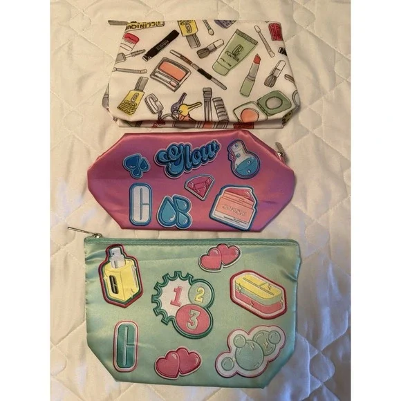 Set Of 3 Clinique Makeup Cosmetic Bags-Pink‎ Mint Green & White Travel Pouches