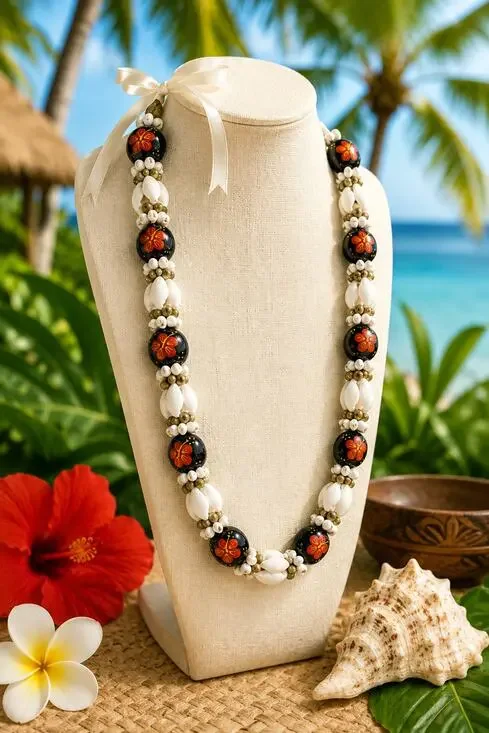Hawaiian Tropical Hibiscus Floral Beaded Statement Necklace 32 Inch