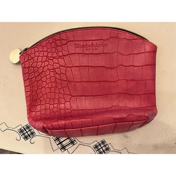 ELIZABETH ARDEN Cosmetic Make-up Faux Pink Alligator Travel Pouch Clutch Bag