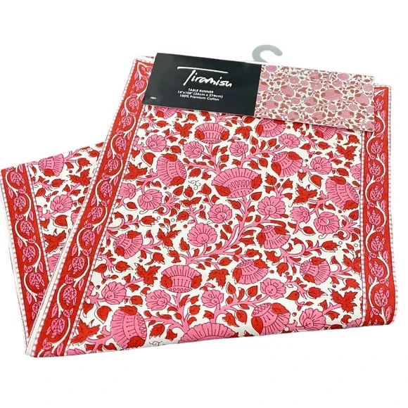 TIRAMISU Spring Pink Red Floral 100% Premium Cotton Table Runner 14