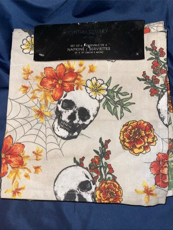 Cynthia Rowley Set of 6 Cream Napkins with Black Skulls and Orange Floral Print