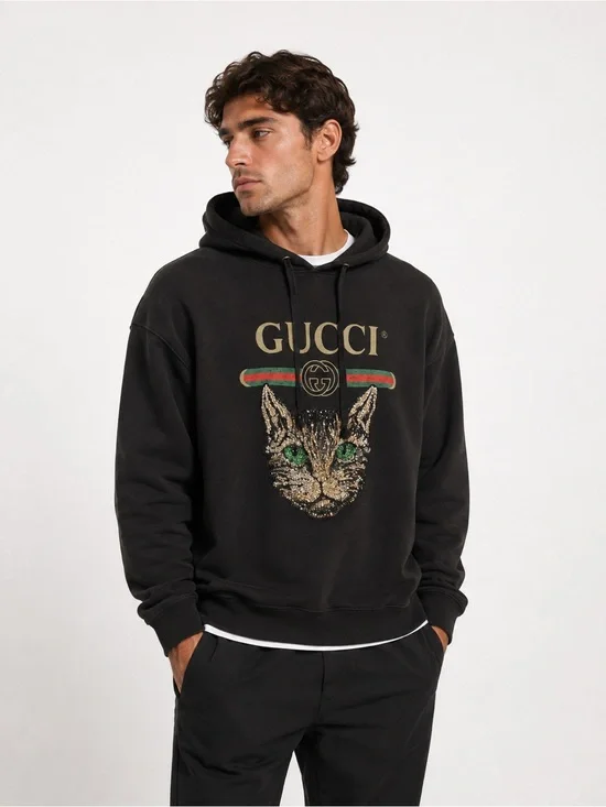 Gucci Black Hoodie with Gold Logo and Green-Accented Cat