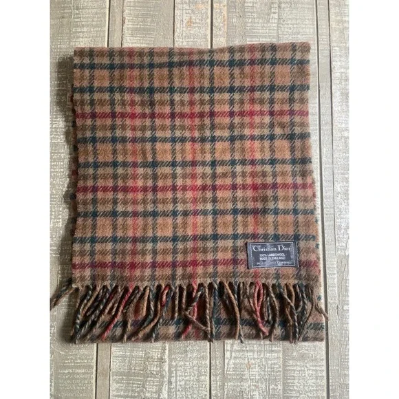 Christian Dior 100% Lambswool Scarf Fringe Made in England 55x12 Plaid Authentic