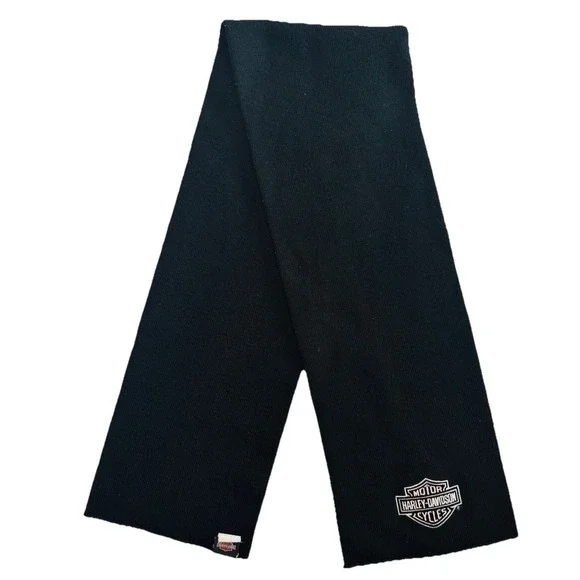 VTG Y2K Harley Davidson Black Knit Scarf Made in USA Bar‎ Shield Logo Motorcycle