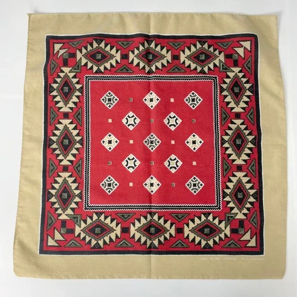 Vintage Southwestern Bandana Square Scarf Unisex Men Women Cream Red Retro Red