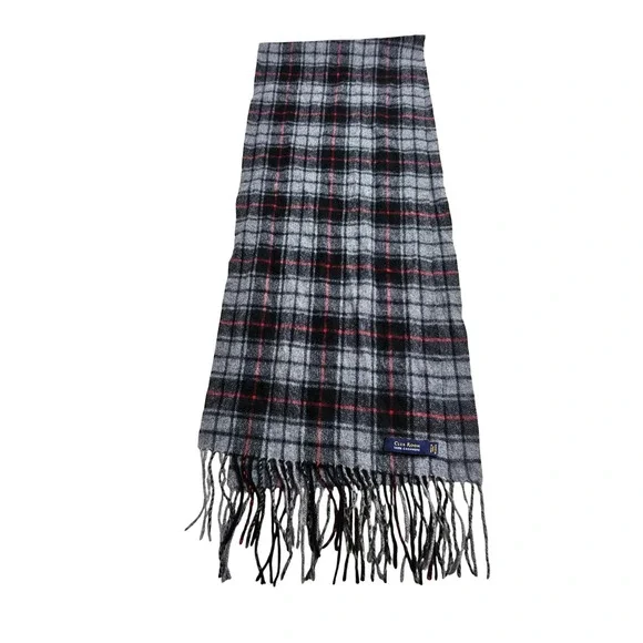 Club Room Scarf Grey Black Red Plaid 100% Cashmere Fringe Trim Classic Luxury