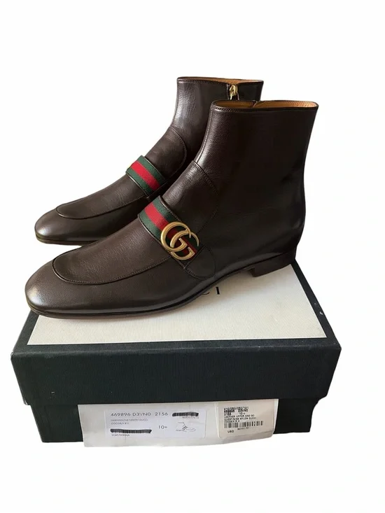Gucci Brown Leather Ankle Boots with Green-Red Web and Gold GG size 10.5