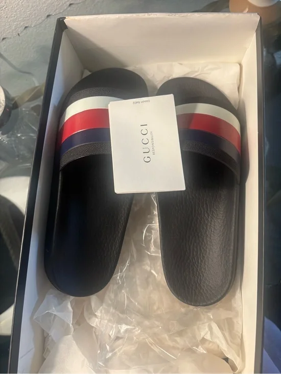 Gucci Black Slide Sandals with Red-White-Blue Stripes