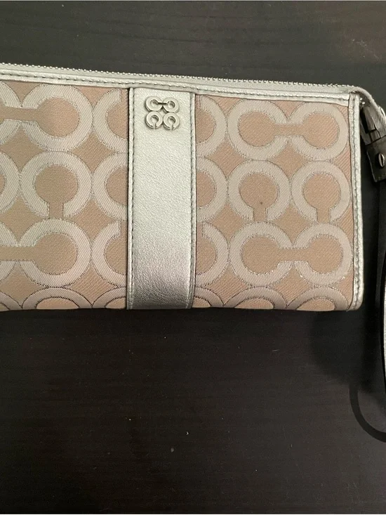 Coach Metallic Silver and Beige Signature Wristlet