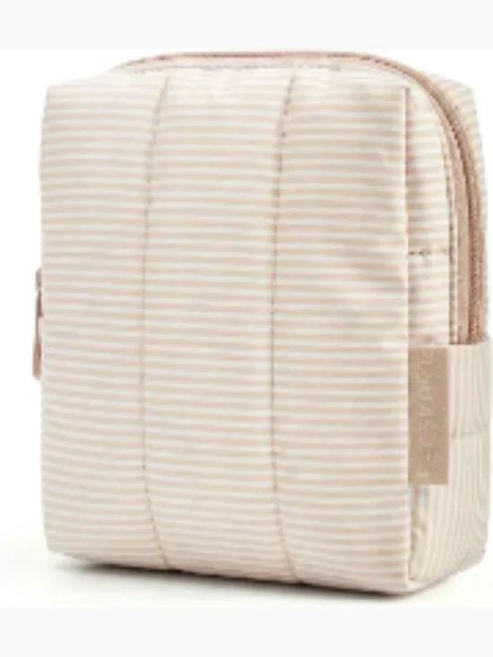 BAGSMART Small Makeup Bag for Women with Slip-in Pocket, Strip Khaki | Zipper