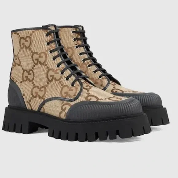 Gucci Maxi GG Canvas Lace Up Boots Size‎ 40.5 New with Box