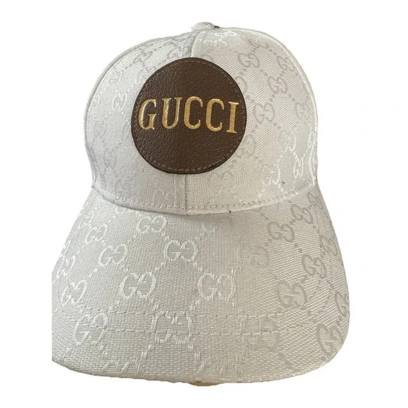 GUCCI Monogram Wool Cashmere Baseball Hat White Brown Leather‎ Logo Patch OSFM