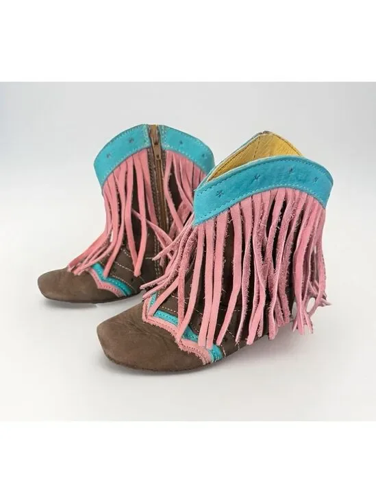 Shea “Lyddie” Fringe Baby Boots Infant Size Western Cowgirl Blue & Pink Leather