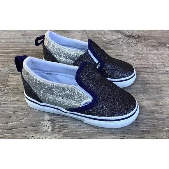 Vans Toddler Size 8.5 slip on Sneakers Glitter silver Blue Off The Wall Shoes