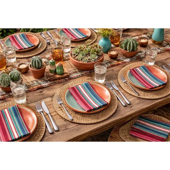 Vintage Striped Cloth Napkins Set of 7 Pink‎ Teal Blue Ikat Boho 16x16.5 Western