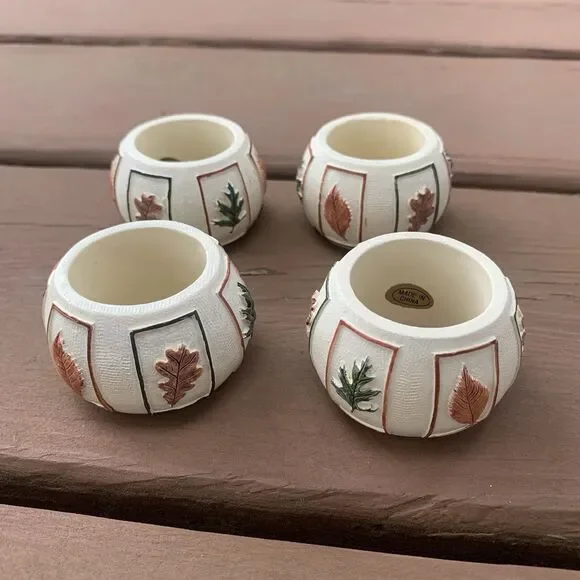 Vintage Napkin Rings 2” (4) Resin Leaves 3-D Autumn COTTAGE BOHO Thanksgiving