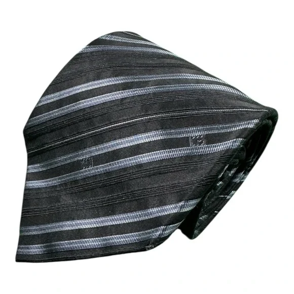 GUCCI VTG Black Blue Striped Old G Monogram‎ Print Silk Tie 3.75 Inch Width