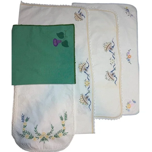 Vintage Embroidered Linens Lot 5 Dresser Shawls Runner Floral Morning Glory Lace