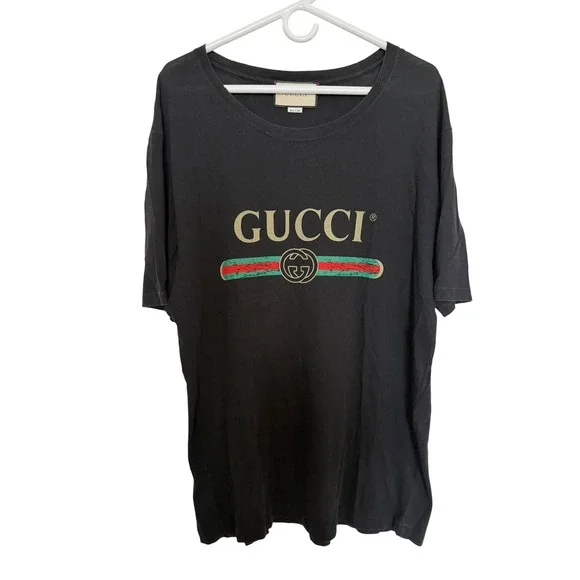 Gucci Mens Vintage Logo T-Shirt Black Cotton Web Stripe Distressed XL Italy