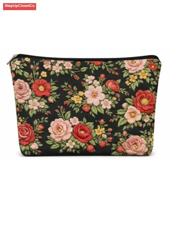 Embroidered Floral Makeup Bag, Double Sided Polyester Cosmetic Pouch, Large