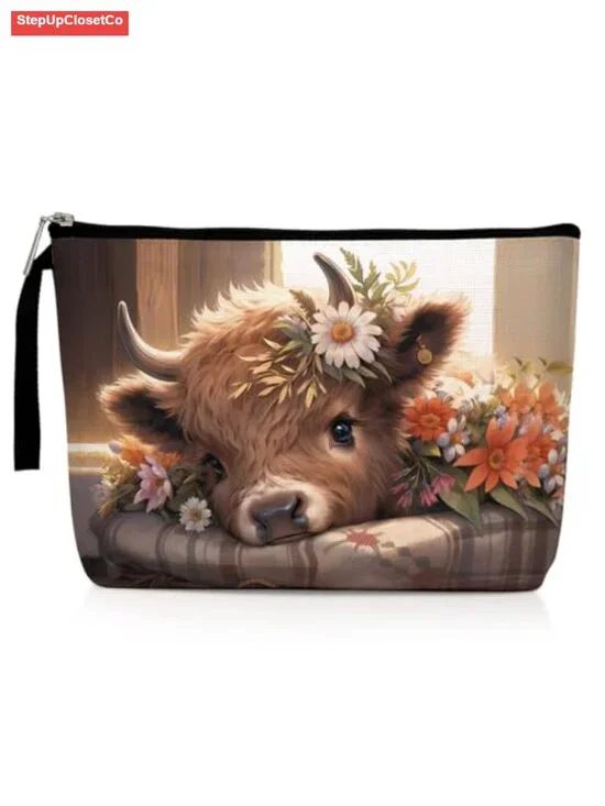 Highland Cow Floral Makeup Bag, Western Cosmetics Organizer Travel Pouch
