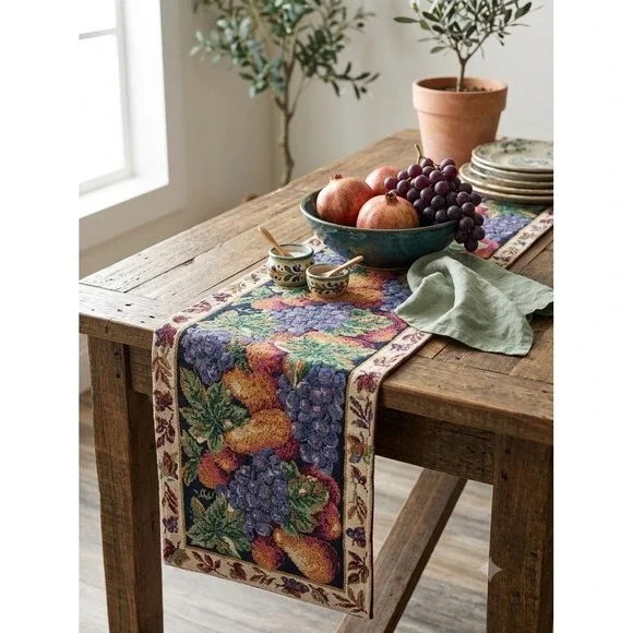 Tapestry Table Runner Pears Grapes Leaves Green Red Gold Purple 72 x 12.5
