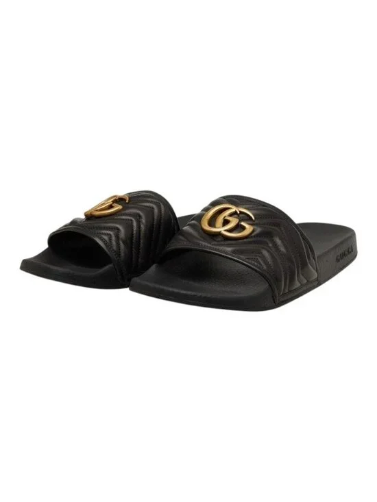 Gucci GG Marmont Shower Sandals Flat Black Leather Rubber
